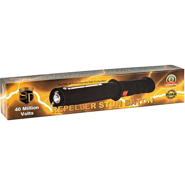 Repeller Stun Baton box displaying 40 million volts for personal security and defense.