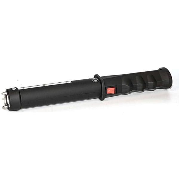 Black handheld electric cattle prod with red switch on a white background.