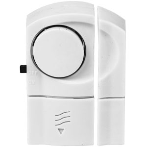White magnetic door alarm sensor with on/off switch for home security.