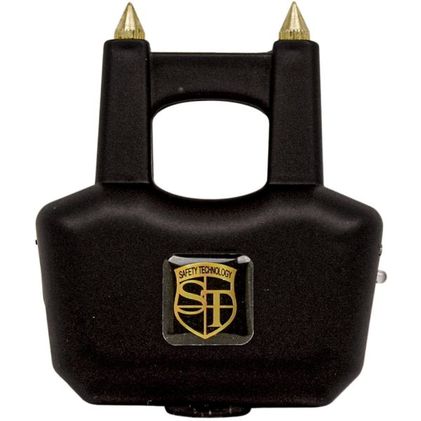 Black personal alarm device with two pointed ends and Safety Technology logo.