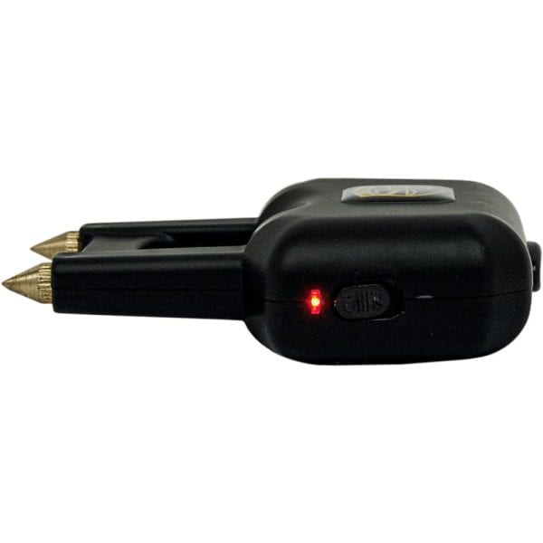 Black stun gun with dual prongs and a red indicator light, ideal for personal safety and self-defense.