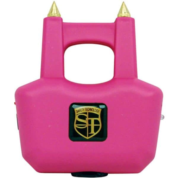 Pink self-defense stun gun with dual spikes and safety technology logo on the front, ideal for personal protection.