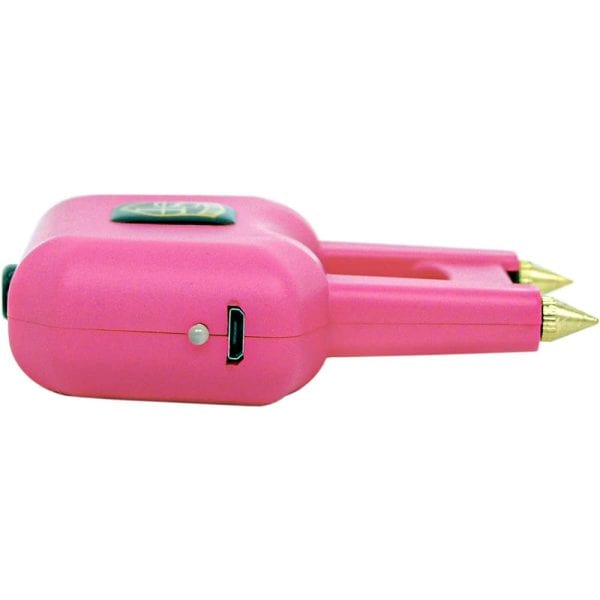 Pink electric cattle prod with dual metal prongs and USB port, side view.