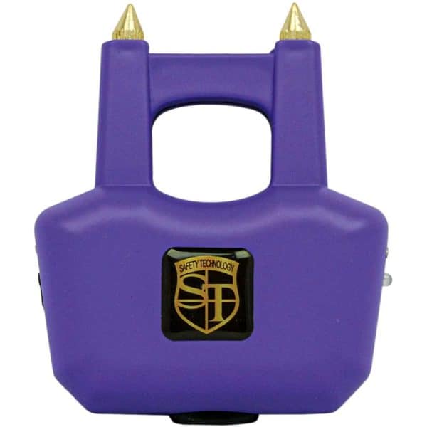 Purple self-defense stun gun with dual prongs and safety technology badge, compact design for personal protection.