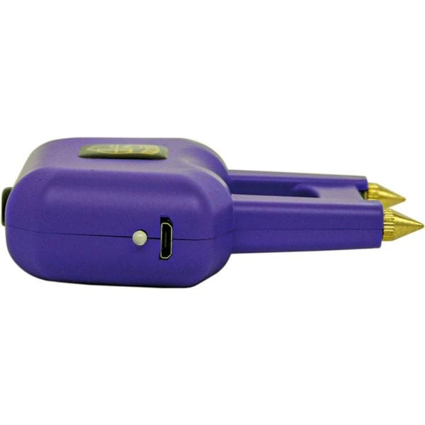 Purple electronic stud finder with dual pointed electrodes and micro USB charging port, side view.