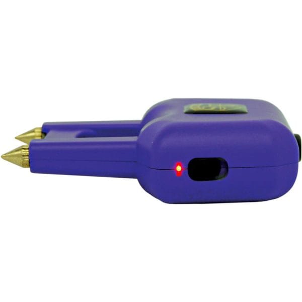 Purple electric fence voltage tester with dual probes and red indicator light. Ideal for farm and garden use.