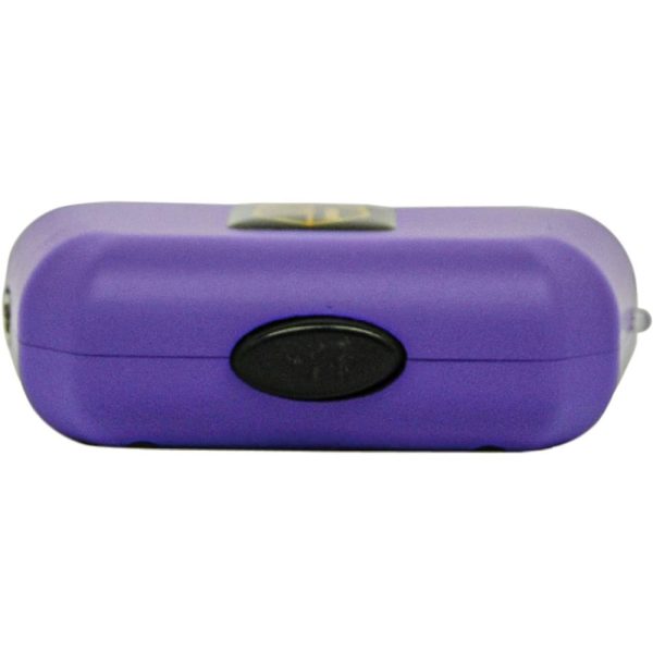 Purple handheld device with button, side view, isolated on white background. Compact gadget design for portable use.