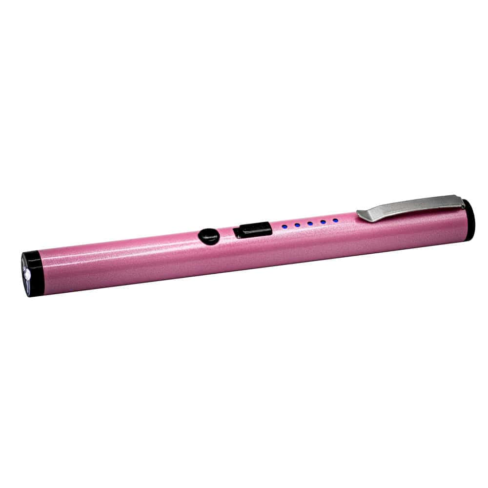 Pink flashlight pen with buttons and clip, ideal for everyday use. Sleek and portable design.