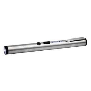 Silver pocket flashlight with clip and side buttons, ideal for everyday carry and outdoor activities.