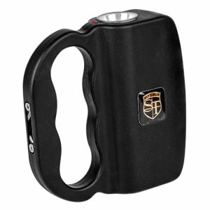 Black stun gun with ergonomic grip and built-in flashlight, featuring a safety logo. Perfect for personal security.