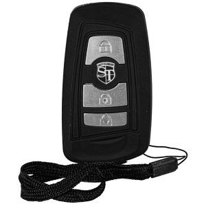 Car remote key with black casing and a lanyard, featuring lock and unlock buttons.