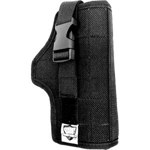 Black tactical holster with adjustable strap and buckle for secure carry. Rugged design for durable firearm protection.