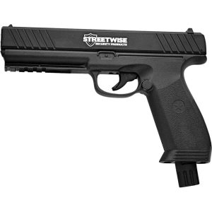 Black tactical taser resembling a handgun by Streetwise Security Products, ideal for personal safety and self-defense.