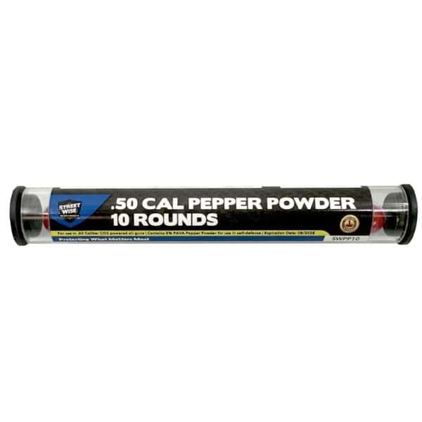 .50 Cal Pepper Powder Rounds in Tube for CO2 Air Guns, Self-Defense, Contains 10 Rounds, Street Wise Brand.