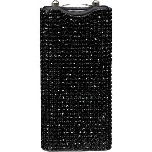 Glamorous black rhinestone-covered flask for stylish beverage storage.