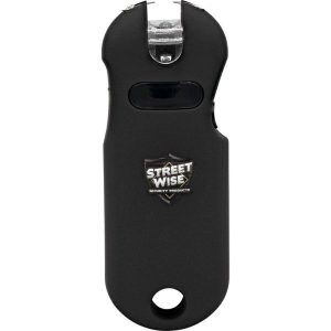 Black Streetwise stun gun for self-defense, compact design with safety features.