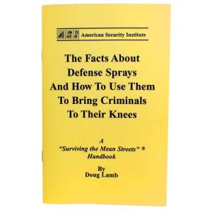 Yellow handbook cover titled The Facts About Defense Sprays by Doug Lamb from American Security Institute.