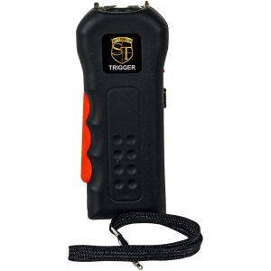 Black and red stun gun with strap for personal safety and self-defense.