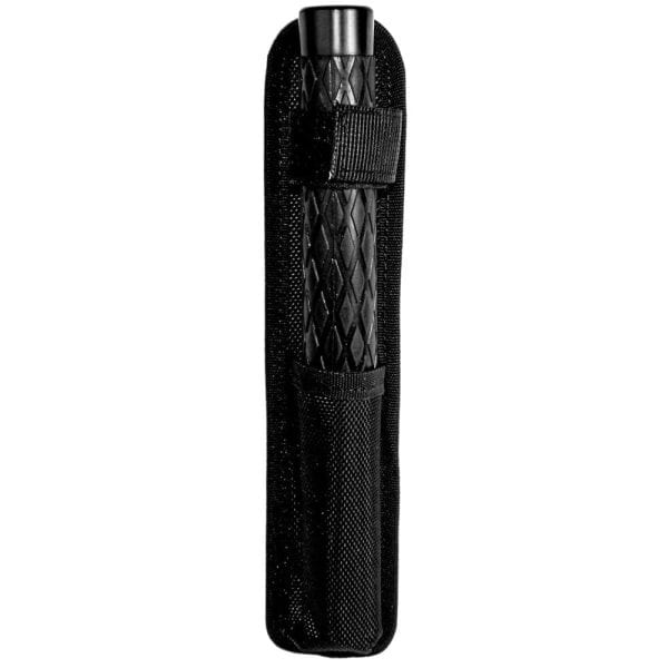 Black expandable baton in a textured sheath, ideal for self-defense and security purposes.