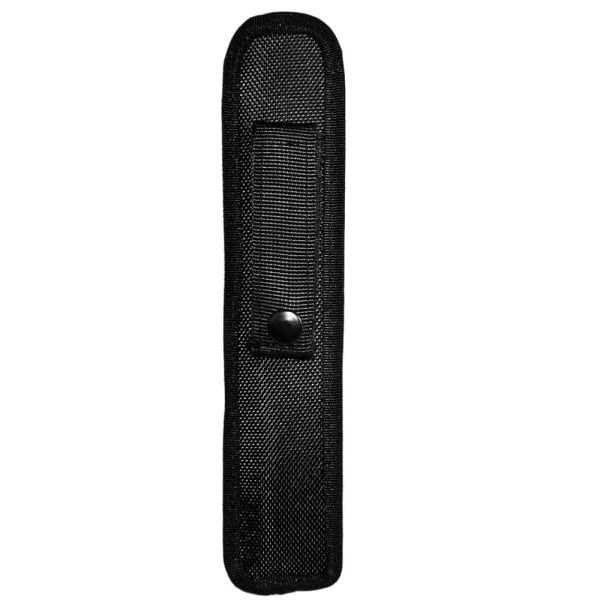 Black nylon knife sheath with a snap closure, ideal for secure blade storage and easy carrying.