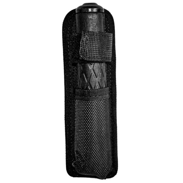 Expandable baton with textured grip inside a sturdy black nylon holster for enhanced safety and easy carrying.