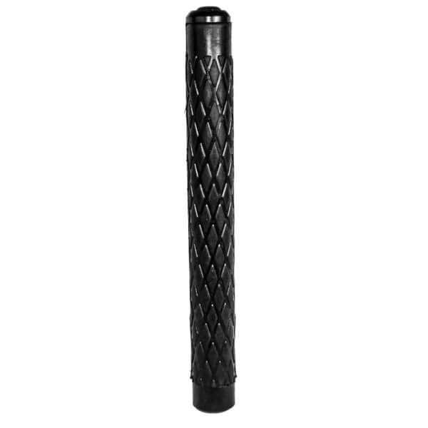 Black textured grip handle for tools or equipment, isolated on white background.
