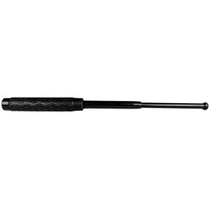 Telescopic black baton with textured grip handle, extended against a white background. Ideal for security purposes.