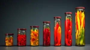 Assorted peppers in ascending jars against dark background. Vibrant reds, yellows, greens showcase spicy variety.