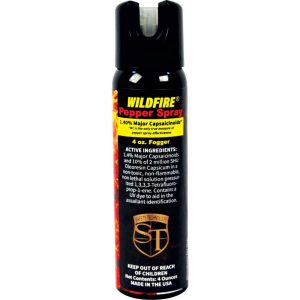 Wildfire Pepper Spray 4 oz can with 1.4% major capsaicinoids, ideal for self-defense and assailant identification.