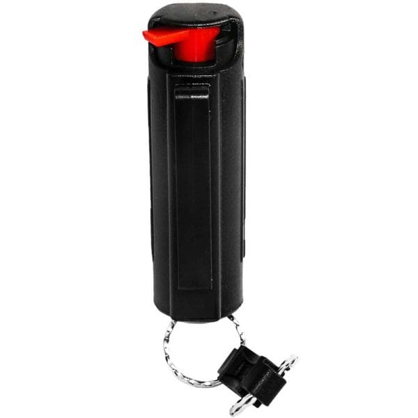 Black pepper spray keychain with red trigger for personal safety.