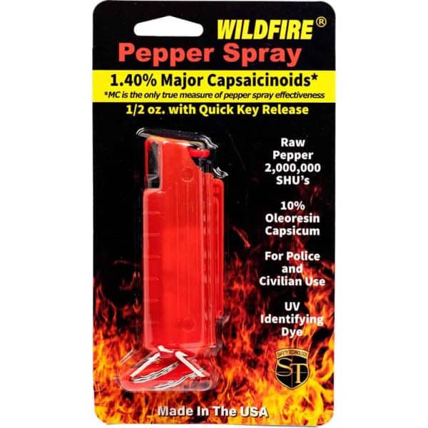 Red Wildfire pepper spray package with 1.40% capsaicinoids, quick key release, and 2,000,000 SHU rating.