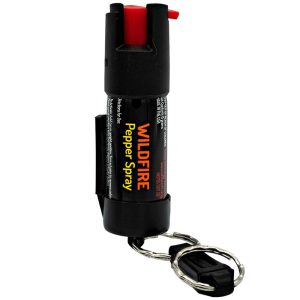 Wildfire pepper spray canister with keyring attachment, designed for personal safety and self-defense.