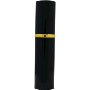 Sleek black lipstick tube with gold accent, standing upright against a white background.