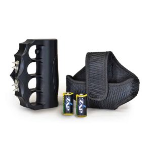 Self-defense stun gun with spiked knuckles, two batteries, and a black carrying case. Ideal for personal protection and safety.