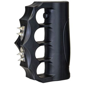 Black knuckle stun weapon with sharp spikes, designed for self-defense and personal safety.