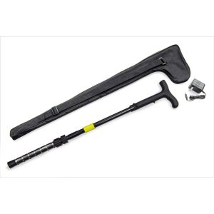 Adjustable black walking cane with carrying case and charger, ideal for mobility support and convenience.