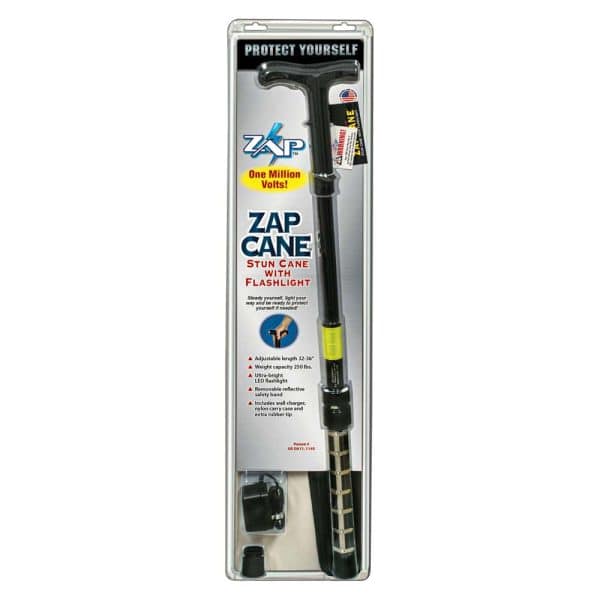 Zap Cane stun cane with flashlight in packaging, offers one million volts for self-defense. Features adjustable length.