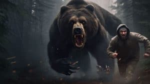 Man running from a roaring bear in a dark forest, dramatic wildlife encounter scene.