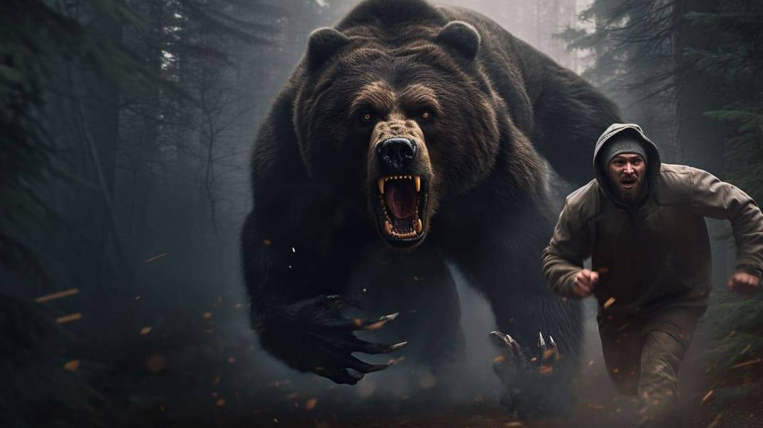 Man running from a roaring bear in a dark forest, dramatic wildlife encounter scene.