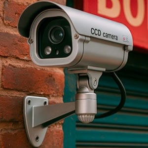 Outdoor security CCD camera mounted on brick wall for surveillance and safety.