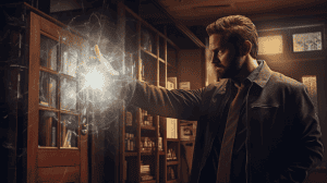 Man using magic to open a glowing portal on a wooden door in a dimly lit library.