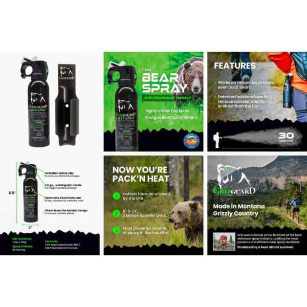 GrizGuard bear spray with holster, EPA-approved, 30-foot range, made in Montana's grizzly country.