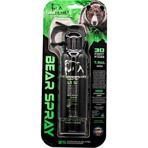 GrizGuard Bear Spray with 30-foot fog range in packaging, featuring a grizzly bear image.