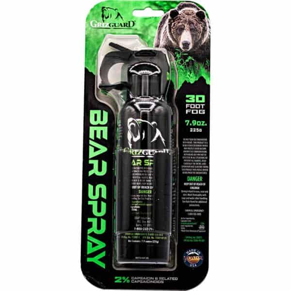 GrizGuard Bear Spray with 30-foot fog range in packaging, featuring a grizzly bear image.