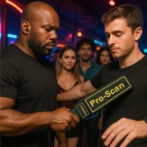 Security guard scanning man with metal detector at club entrance with people waiting in line.