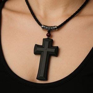 Black cross necklace on a braided cord, worn over a black top, highlighting gothic jewelry style.