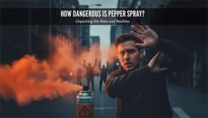 Man reacts to orange spray in city street; How Dangerous is Pepper Spray? text displayed above.