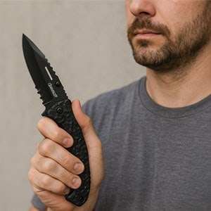 Man holding black folding knife with textured handle, wearing a gray shirt against beige background.