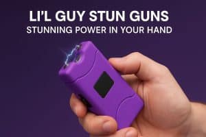 Purple Lil Guy stun gun in hand with sparks, showcasing power and compact size. Text: “Li'l Guy Stun Guns - Stunning Power”.