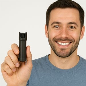 Smiling person holding a small black cylinder, demonstrating personal safety or self-defense tool in a casual setting.
